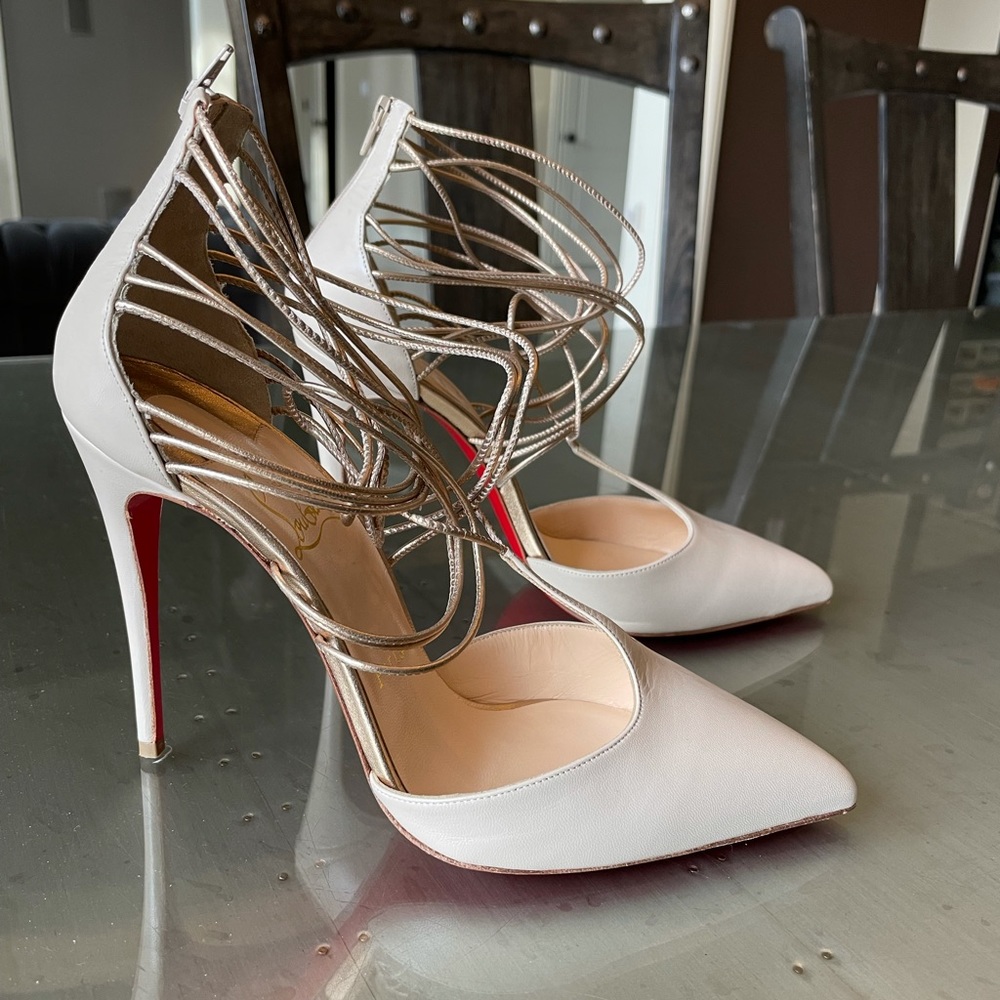 Christian louboutin confusa stiletto 100mm beige gold strappy pump sz 38 - Picture 2 of 11